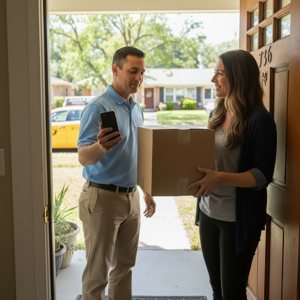 Pickup driver holding phone with OMG shipper app